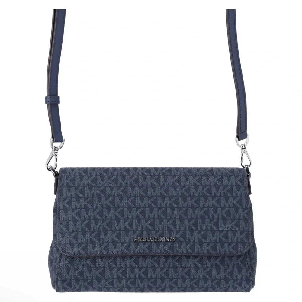 Michael Kors Jet Set Medium Convertible Pouchette Crossbody Navy MK Signature